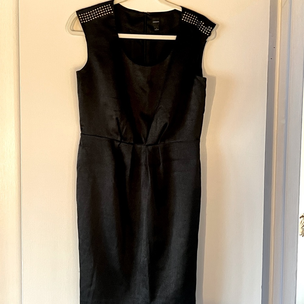 CHEQUER Black Satin Dress with Gold Studded Shoulders. Women’s size 8.